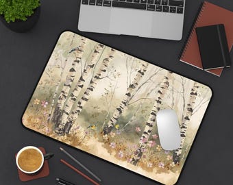 Birch Forest Watercolor Desk Mat | Floral Meadow Mousepad