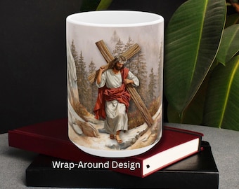 Jesus Carrying Cross Mug | Christian Religious Scripture Art, Faith Ceramic Coffee Cup