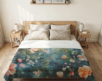 Country Floral Meadow Cotton Comforter | Botanical Flower Teal Bedding