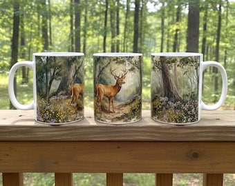 Majestic Deer in Woodland Scene Mug | Ceramic Coffee Mug | Full Wrap Design