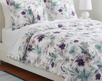 Watercolor Floral Pattern Cotton Bed Set | Purple Teal Botanical Bedding & Pillow Shams