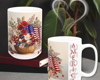 American 250th Patriotic Ceramic Mug, Flag and Poppies in a Woven Basket