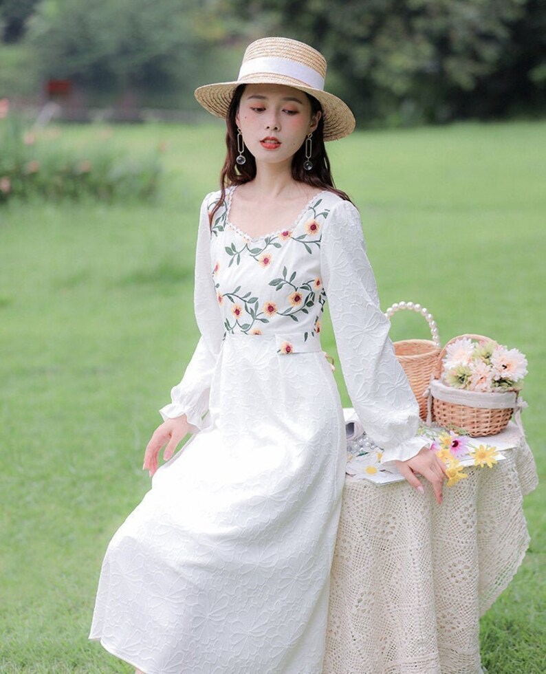 Angelic White Embossed Vintage Cottagecore Style Midi Dress | Etsy