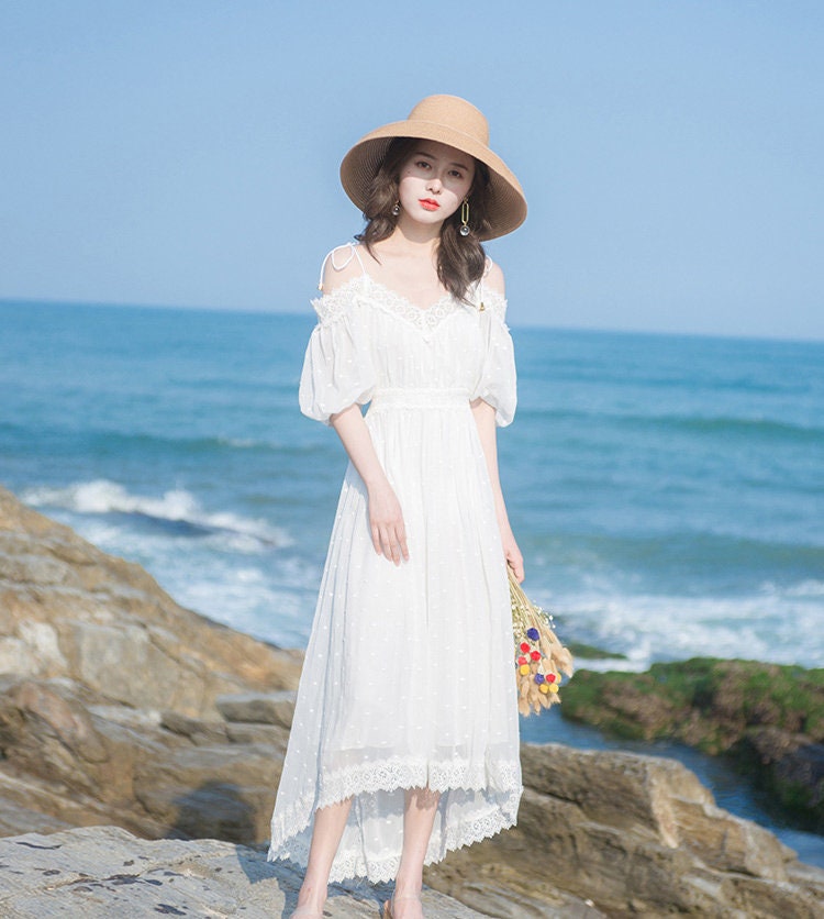 Angelic White Chiffon Vintage Cottagecore Style Midi Dress | Etsy