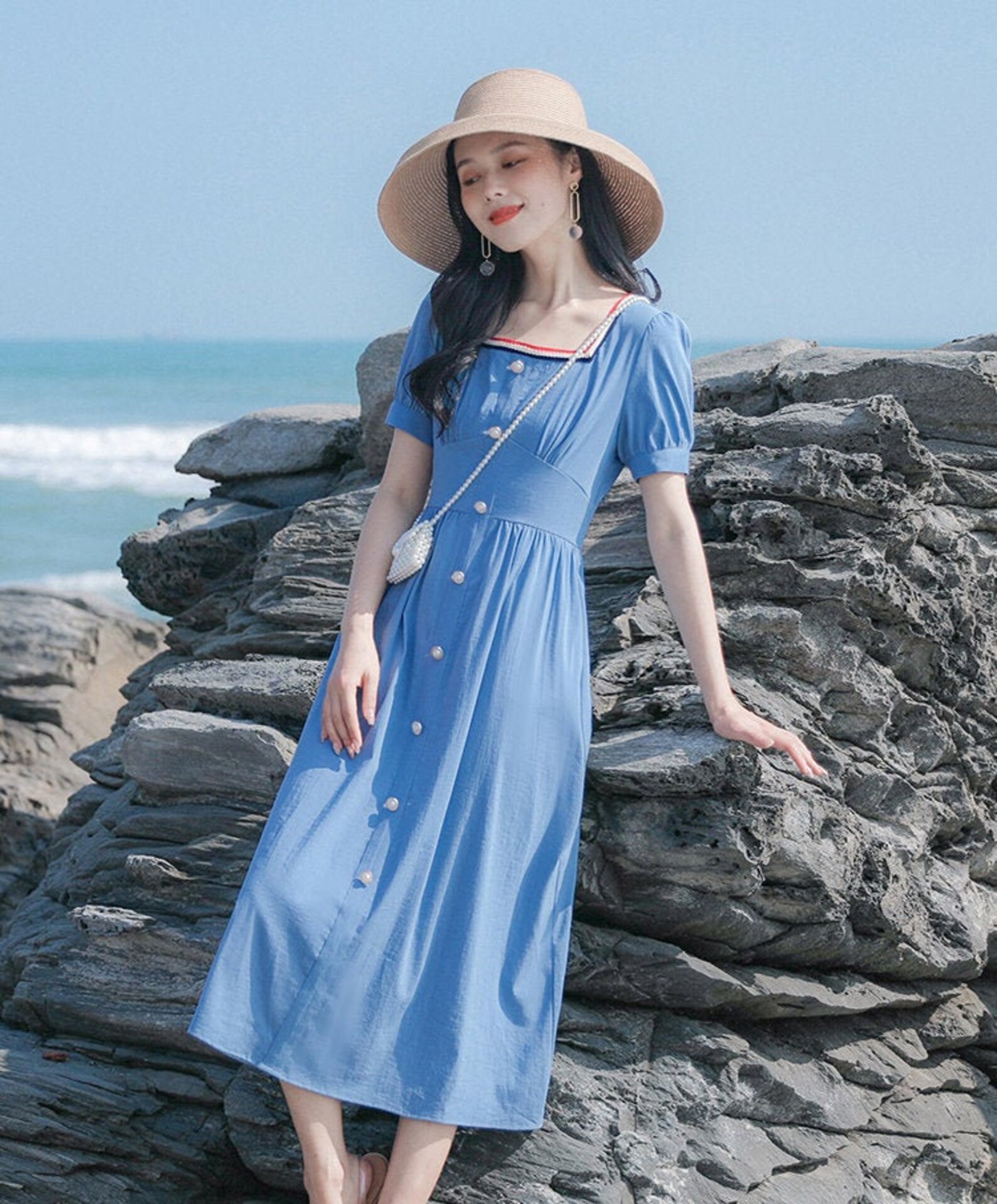 Lake Blue Puff Sleeves Vintage Cottagecore Style Midi Dress | Etsy