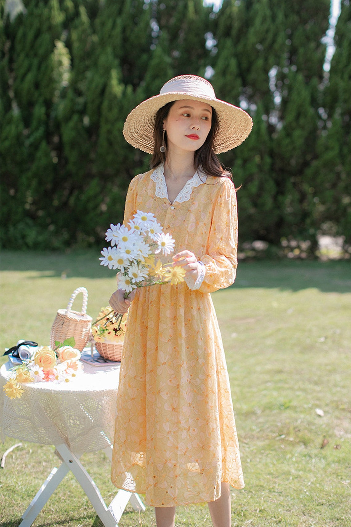 Orangey Yellow Vintage Cottagecore Style Midi Dress with | Etsy