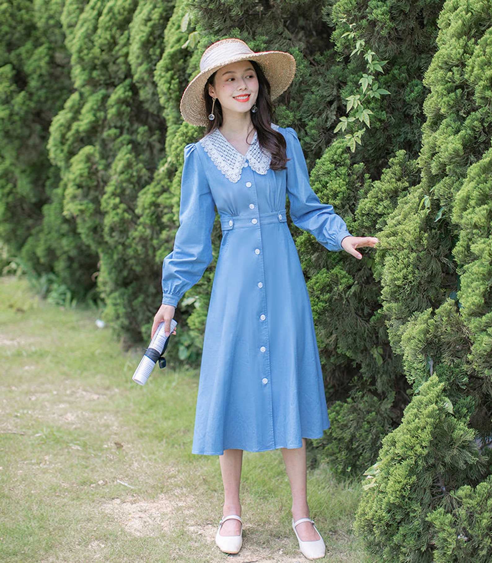 Cerulean Blue Vintage Cottagecore Style Midi Dress With Lace | Etsy