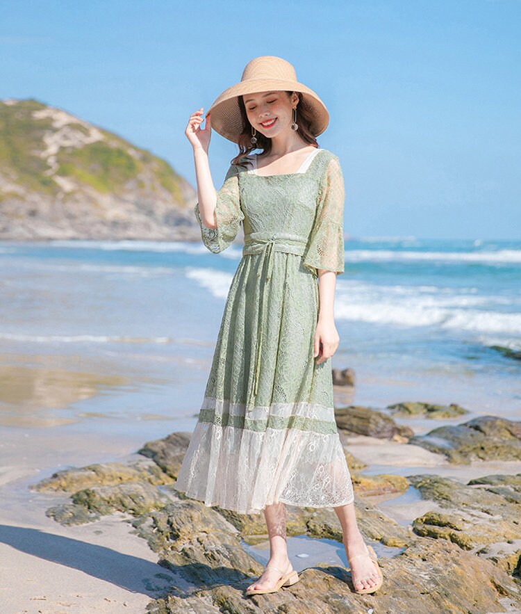 Sage Green 1920s Cottagecore Style Midi Lace Dress With Obi | Etsy