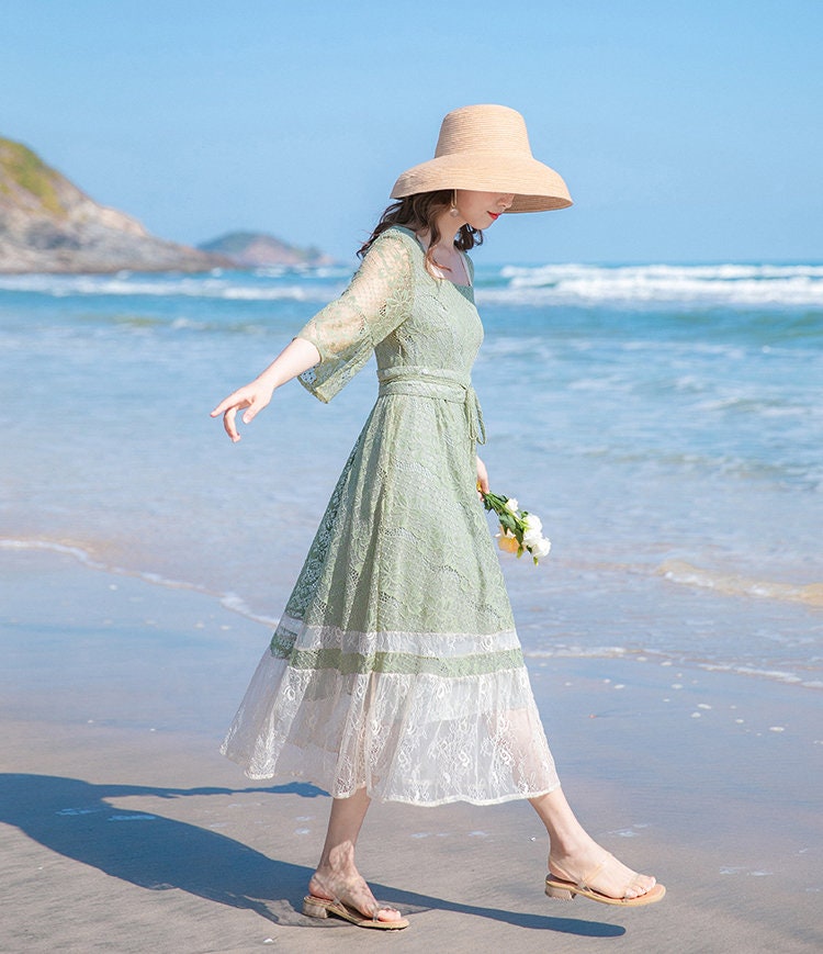 Sage Green 1920s Cottagecore Style Midi Lace Dress With Obi | Etsy