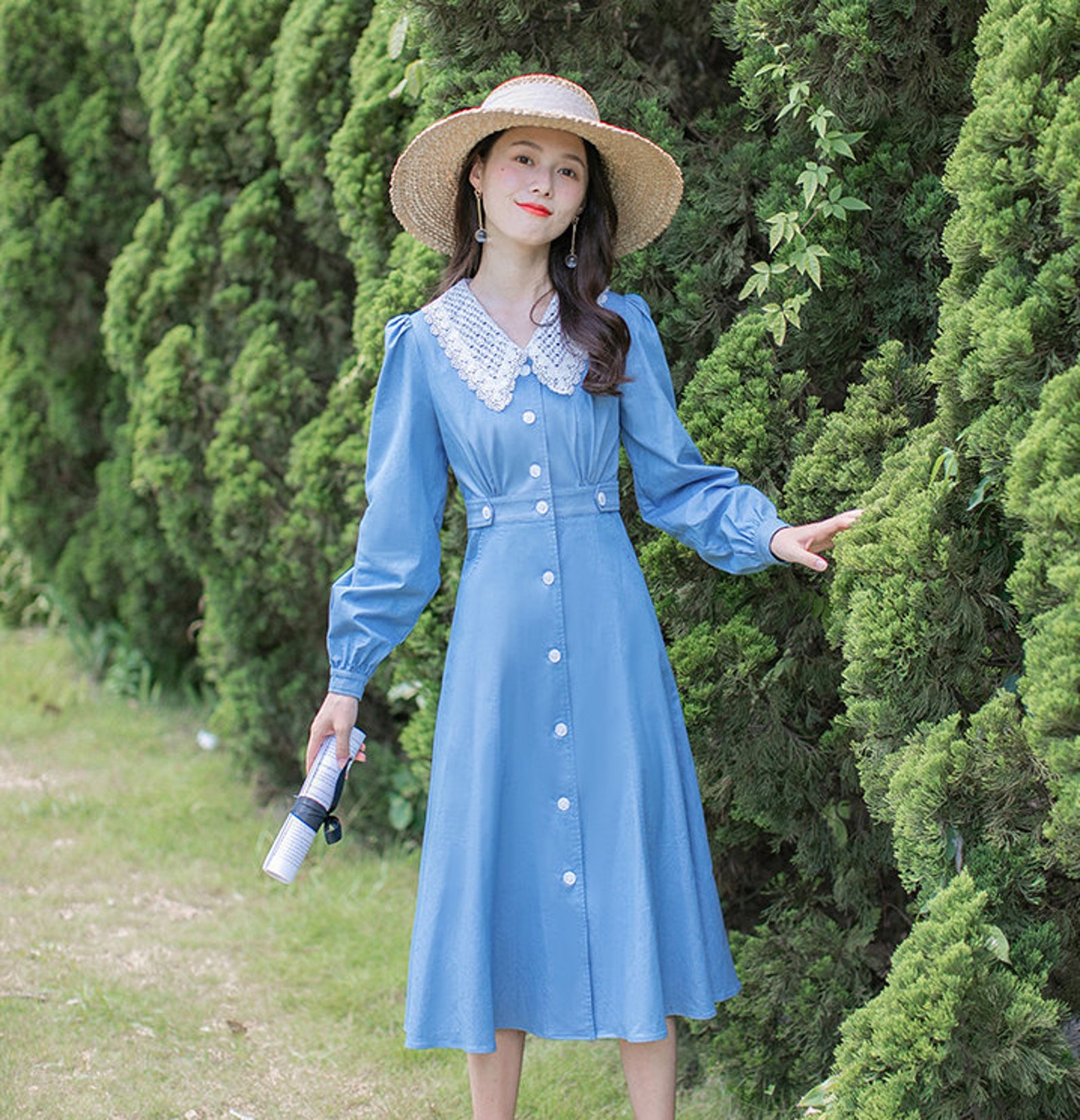 Cerulean Blue Vintage Cottagecore Style Midi Dress with Lace | Etsy