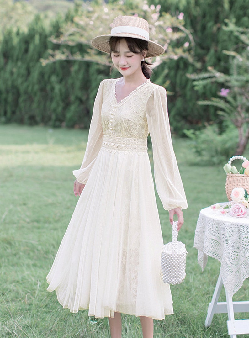 1940s Style Wedding Dresses | Classic Wedding Dresses Vanilla Cream Star Lace Chiffon Vintage Bridgerton Cottagecore Style Midi Dress with Lace Trim | KELLY $60.25 AT vintagedancer.com