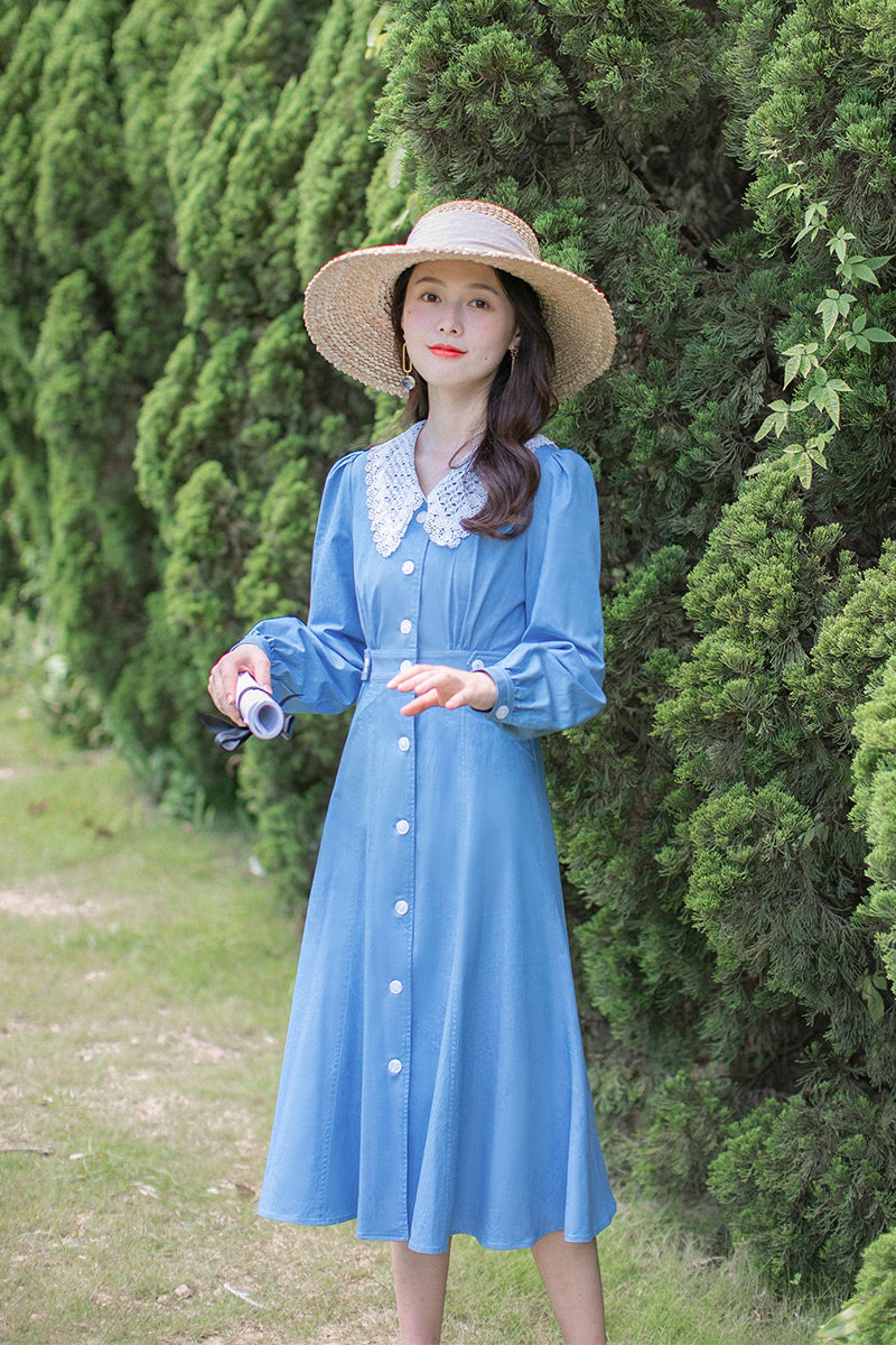 Cerulean Blue Vintage Cottagecore Style Midi Dress with Lace | Etsy