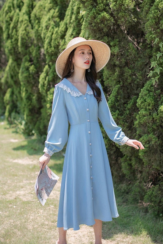Sky Blue Vintage Cottagecore Style Midi 