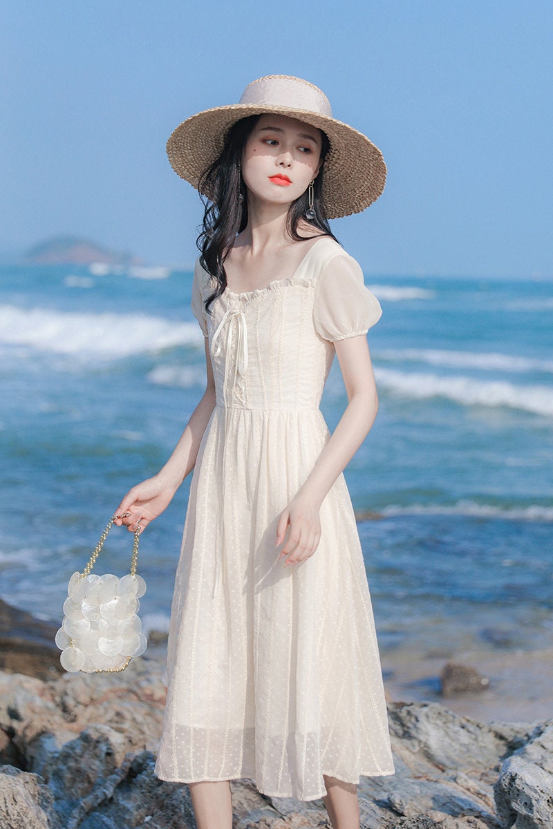 Vanilla Cream Lace Trim Milkmaid Cottagecore Style Midi Dress | Etsy