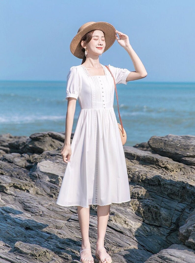 Snow White Lace Trim Vintage Cottagecore Style Midi Dress with Faux Buttons FELICIA