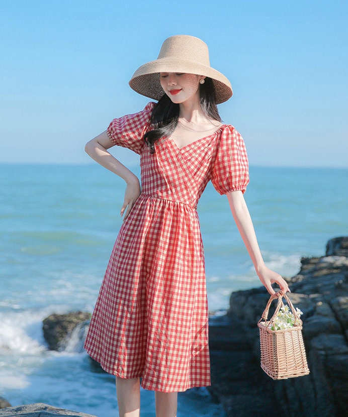 Red & Cream Gingham Princess Cottagecore Style Midi Dress with | Etsy