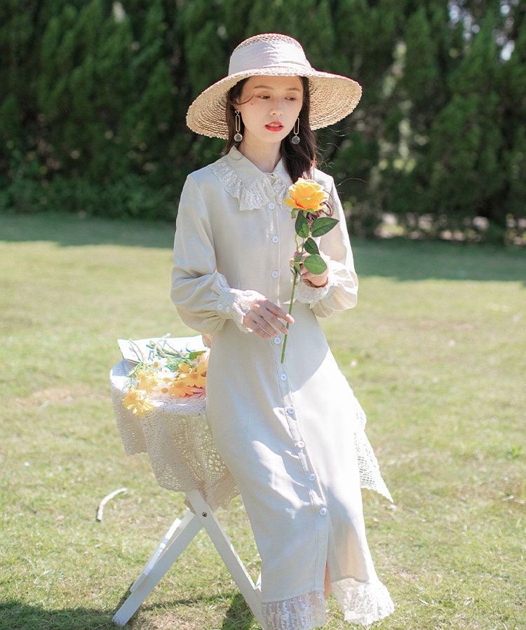 Cream Beige Vintage Cottagecore Style Midi Dress with Dainty | Etsy