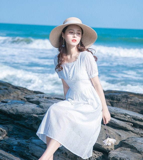 Snow White Eyelet Vintage Cottagecore Style Midi Dress With | Etsy