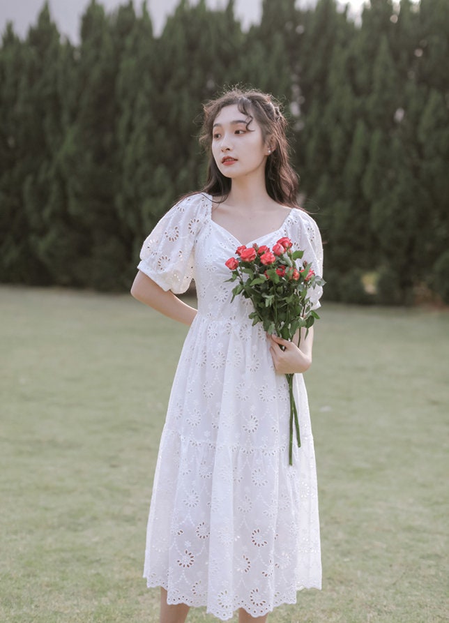 Angel White Flower Eyelet Vintage Cottagecore Style Midi Dress | Etsy