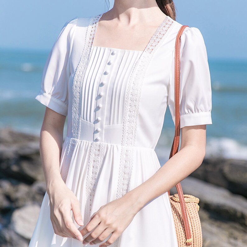 Snow White Lace Trim Vintage Cottagecore Style Midi Dress with Faux Buttons FELICIA