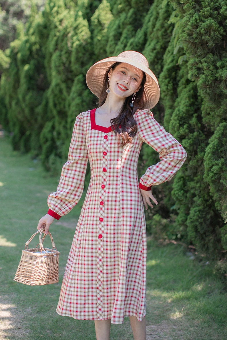 Christmas Red Plaid Vintage Cottagecore Style Midi Dress With - Etsy