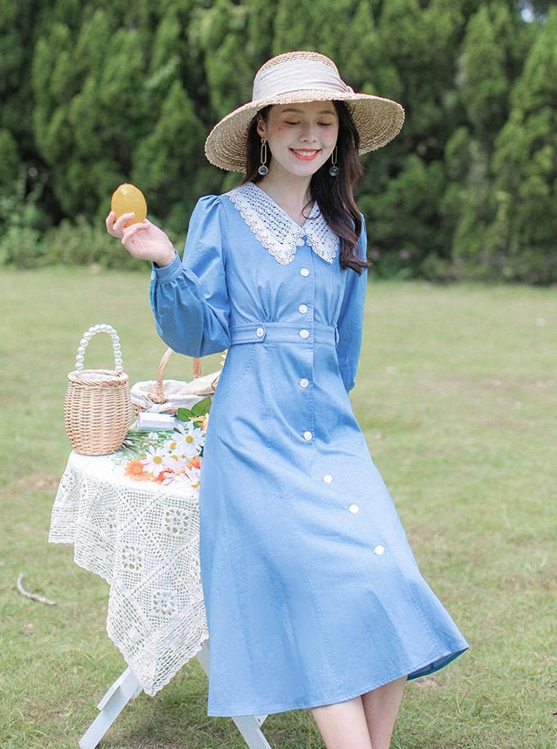 Cerulean Blue Vintage Cottagecore Style Midi Dress with Lace | Etsy