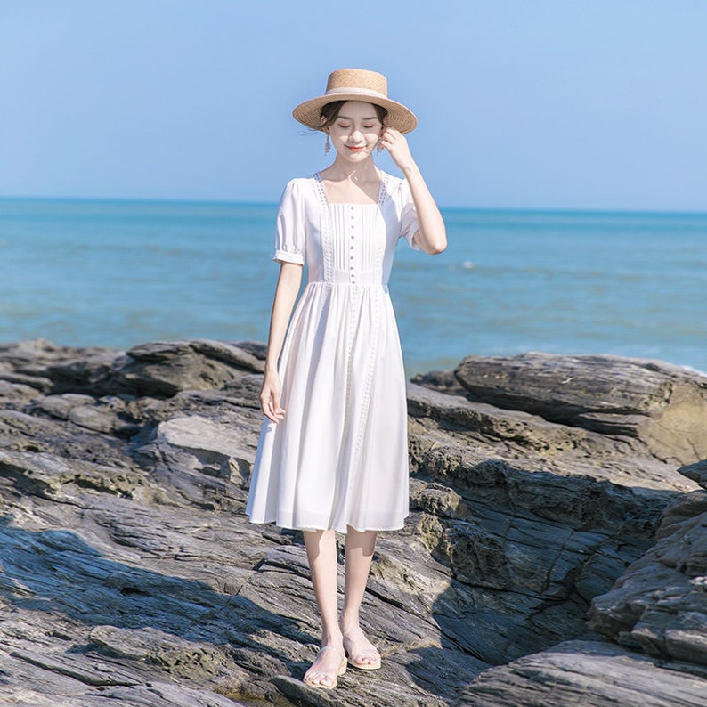 Snow White Lace Trim Vintage Cottagecore Style Midi Dress with Faux Buttons FELICIA