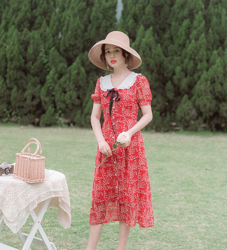 Scarlet Red Floral Print Vintage Cottagecore Style Midi Dress | Etsy