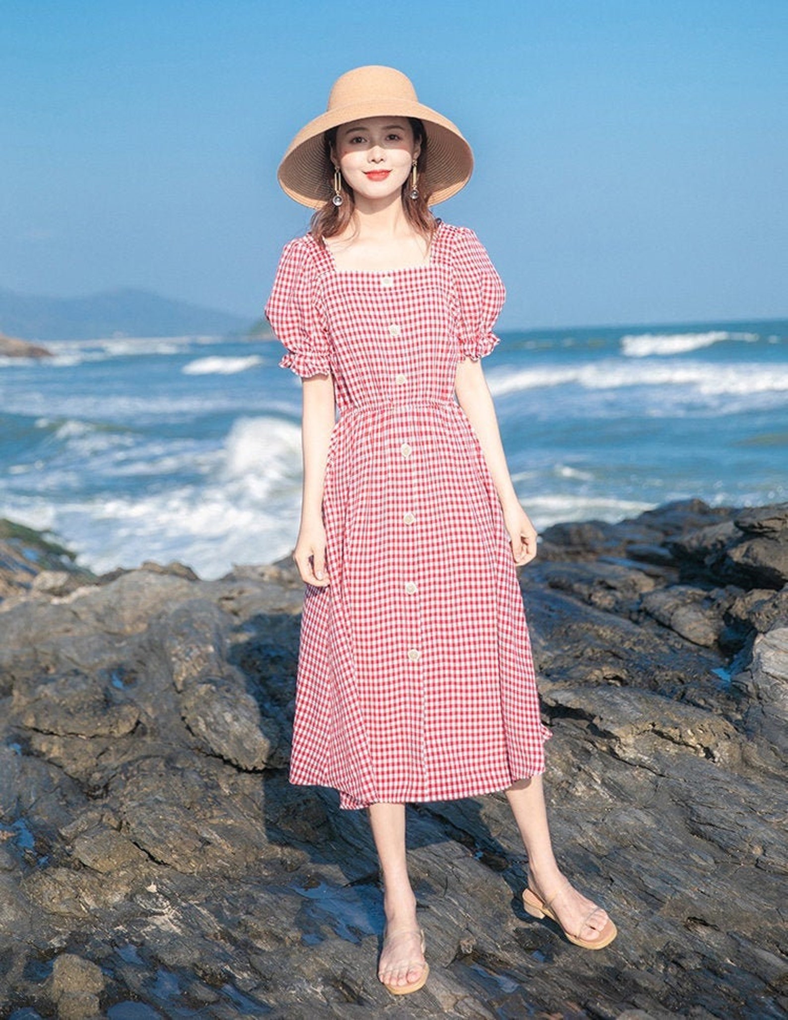 Red & White Gingham Vintage Cottagecore Style Midi Dress with | Etsy