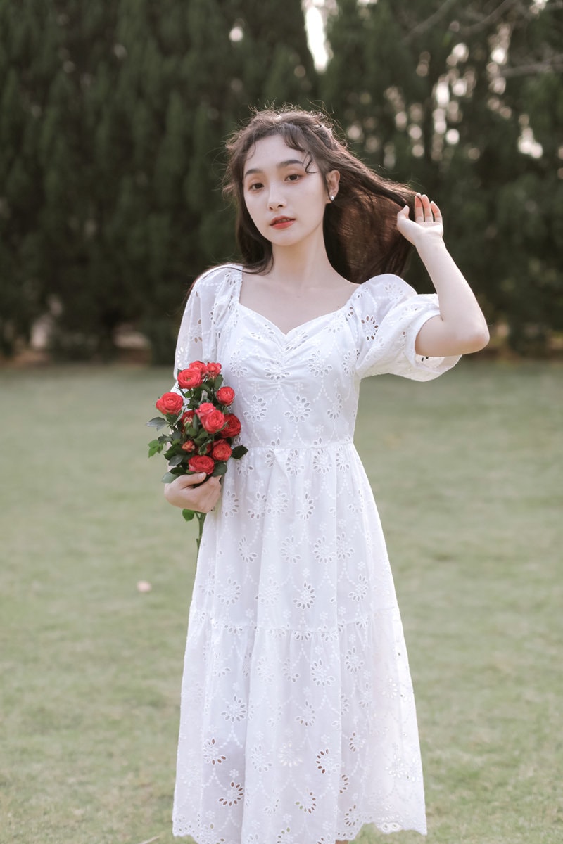 Angel White Flower Eyelet Vintage Cottagecore Style Midi Dress | Etsy