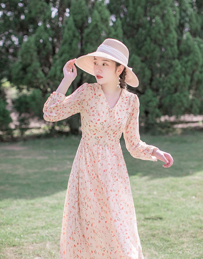Cream & Orange Vintage Chiffon Cottagecore Style Midi Dress | Etsy