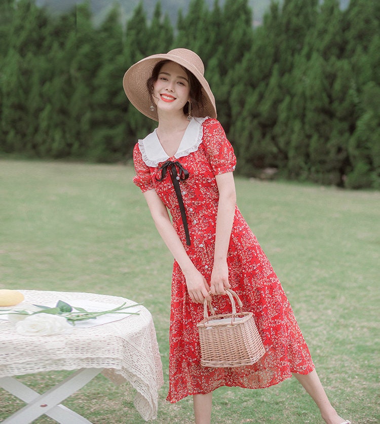 Scarlet Red Floral Print Vintage Cottagecore Style Midi Dress | Etsy