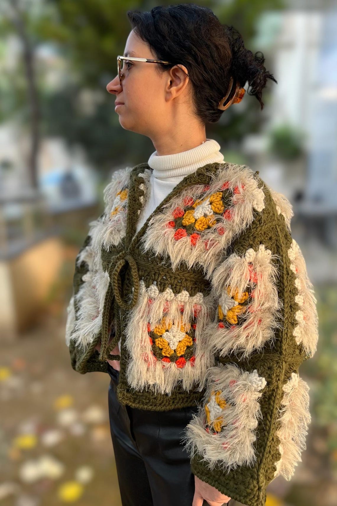 VTG 70s CROCHET KNIT CREAM BOHO RETRO CARDIGAN OVERCOAT DRESS JACKET M 12