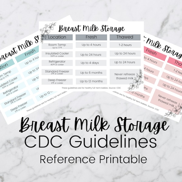 Breast Milk Storage CDC Guidelines Reference List, Breast Milk Printable, Breastfeeding Reference Download, Pink, Gray, Blue