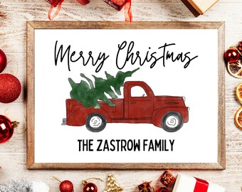Letrero personalizado de Feliz Navidad, decoración navideña personalizada, arte de pared navideño imprimible, impresión de camión de Navidad rojo