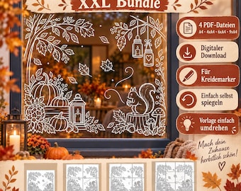 Autumn Window Cling Template XXL Bundle | Chalk Marker Window Template | Squirrels, Pumpkin & Leaves | PDF Download