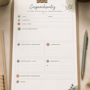 Könnte beinhalten: Ein weißes Besprechungsnotiz-Formular mit der Überschrift "Gesprächsnotiz" und Feldern für Datum, Uhrzeit, Gesprächspartner und Thema. Das Layout enthält Bereiche für Beobachtungen, Vereinbarungen, To-dos und Notizen, verziert mit dezenten grünen Aquarell-Blattmotiven.