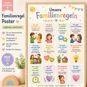 Könnte beinhalten: Ein gerahmtes Poster mit dem deutschen Text "Familienregeln" (Familienregeln), mit Illustrationen von Familienmitgliedern und positiven Affirmationen. Das Poster enthält ein regenbogenförmiges Holzspielzeug und eine Topfpflanze.
