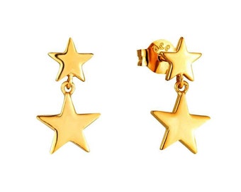 Double Star, Stud Earring, Drop Star Charm Stud Earrings, Star stud earrings, Tiny stud earrings, Star studs  14K Solid Gold