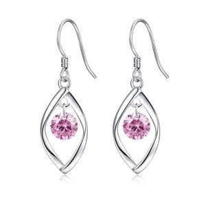 May include: A pair of silver dangle earrings with a pink crystal stone hanging from each earring. The earrings have a delicate, twisted design.