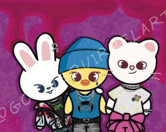 Ispirato a Stray Kids/Skzoo - JJAM Danceracha - Lee Know, Felix, Hyunjin - Kpop FanArt - Stampa artistica digitale 5 x 7 pollici