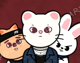 Stray Kids/Skzoo Inspired - PABORACHA - HAN Quokka, Jiniret, Leebit - Han, Hyunjin, Lee Know - KPop FanArt - Stampa artistica digitale 5 x 7 pollici