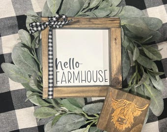 Hello Farmhouse Sign|Home Decor|Farmhouse Decor| Wooden Sign|Highland Cow Decor|DixieFarmDesignsLLC