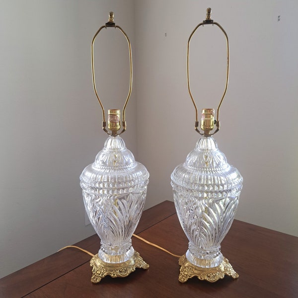 Pair Crystal Lamps Clear Heavy Cut Glass Vanity Table Ornate Gold Brass Base