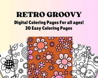 Easy Retro style Coloring pages for adults, Printable coloring book for relaxation, trendy retro coloring pages, Coloring Pages printable