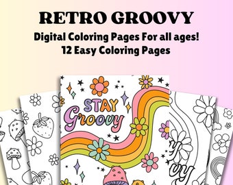 Retro Groovy Coloring Pages for Adults, 12 Color Pages Digital Download