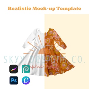 long sleeve dress realistic mock-up template for procreate canva and photoshop, Seamless pattern your design here mock-up