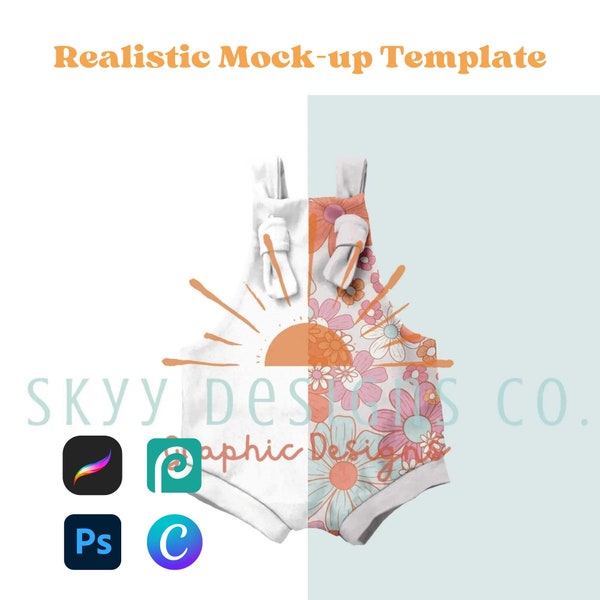 Tie overall shorts realistic mock-up template for procreate Canva and photoshop, Overall your design here, Seamless pattern mock-up