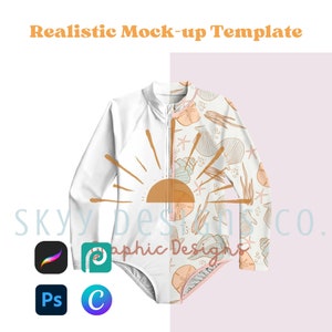 Langarm Rash Guard Badeanzug einteilige realistische Mock-Up Vorlage für Procreate Canva und Photoshop, Nahtloses Muster Mock-Up