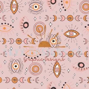 May include: A seamless pattern featuring a pink background with various celestial and eye-shaped designs. The pattern includes suns, moons, stars, and eyes in shades of orange, brown, and black.